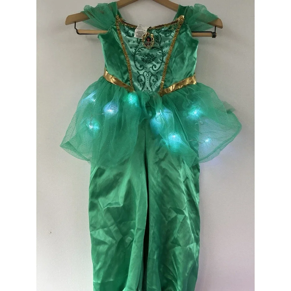 Disney Princess 3T Jasmine Green Glitter Light up Holloween Costume Dress Up